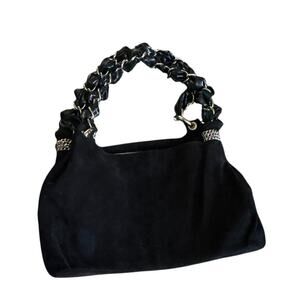Stuart Weitzman Black Suede Woven Leather Chain Handle Shoulder Bag Rhinestone